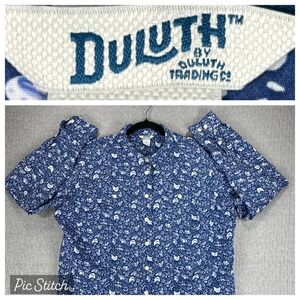 Duluth Trading Co Women Blue Floral Bird Print Button Down Shirt XL long sleeve